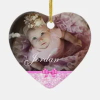 PInk Glitter Heart Baby Photo Christmas Ornament