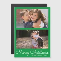 Festive Bright Green Two Photo Holiday Collage Magnetic Invitation