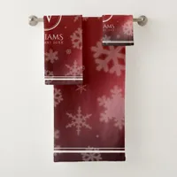 Festive Red Foil Snowflakes Monogram Name Bath Towel Set