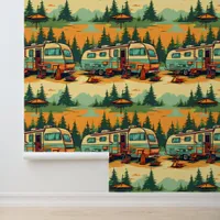 Retro RV Campers Nestled in Pine Trees Wallpaper