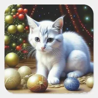 White Kitten Playing with Gold Christmas Ornaments