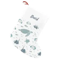 Blue White Ocean Theme Turtles and Fishes Small Christmas Stocking