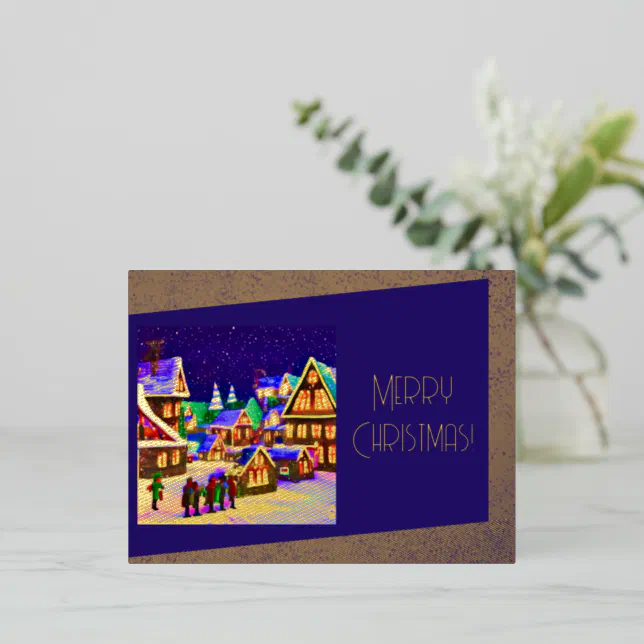 Merry Christmas Foil - village in the snow Foil Holiday Postcard