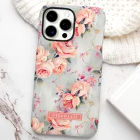 Peach Roses Custom Name Floral iPhone 16 Pro Max Case