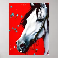 Horse Red Background Blue Flowers Poster