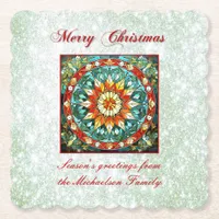 Green Glitter Effect Stained Glass Floral Mandala Paper Coaster