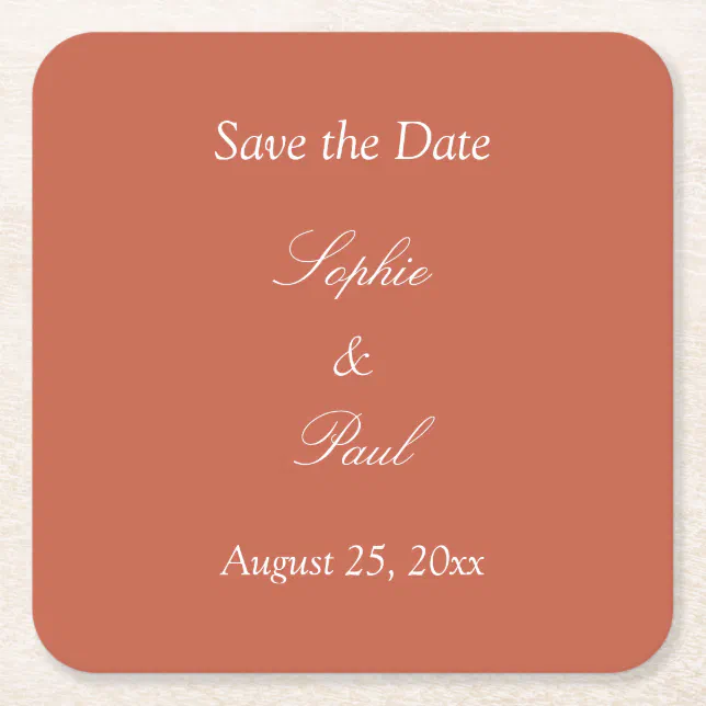 Elegant Terracotta Save the Date Square Paper Coaster