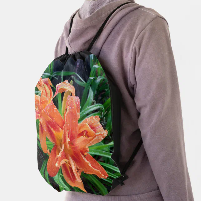 Elegant Bedewed Orange Double Flowered Daylilies Drawstring Bag