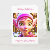 Cute Pink Elf Whimsical Personalized Christmas Card