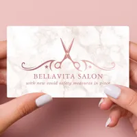 Rose Gold Scissors Marble Salon Covid Safety Business Card