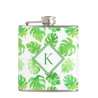 Bold Tropical Green Watercolor Leaves Monogram Flask