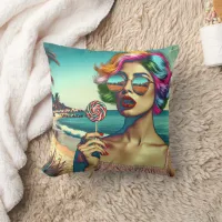 Beautiful Retro Pop Art Woman with Lollipop Throw Pillow