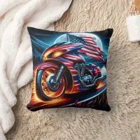 Bike with flag by moonlit lake throw pillow