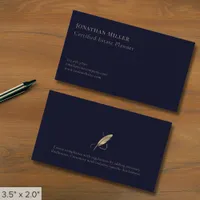 Simple Navy Blue Gold Quill Business Card