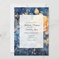 Dusty Blue and Gold Floral Wedding Invitation