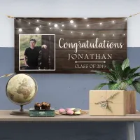 Rustic String Lights Barn Wood Graduation Banner