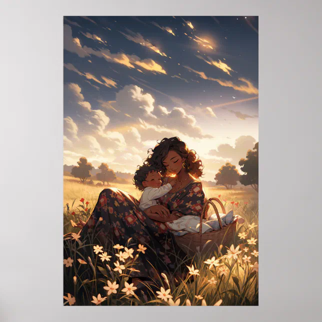 Anime mother in a morning meadow - Ultra tall Poster