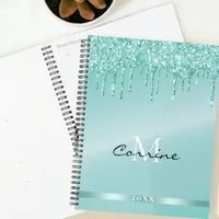 Monogram Metallic Aqua Blue Dripping Glitter Daily Planner