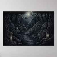 Drawing of a winding path through a creepy forest poster
