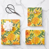 Watercolor Yellow and Orange Marigold Type Flowers Wrapping Paper Sheets