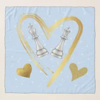 Gold Hearts King and Queen Chess Pieces on Blue | Scarf