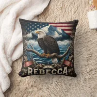 American Eagle Perched With Mountain Background Throw Pillow