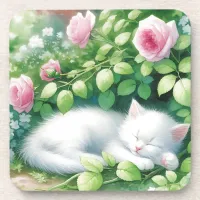 Sweet White Kitten Napping under a Rose Bush Beverage Coaster