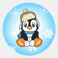 Cute Baby Penguin with Snowflakes Background Classic Round Sticker