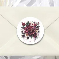 Burgundy Flowers, Foliage and Pearls Watercolor Classic Round Sticker