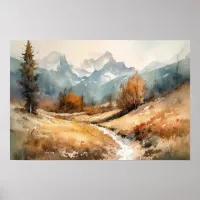 Watercolor winding path mountain foothills winter poster