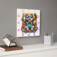 Partying cat on a skateboard with a tropical vibe square wall clock