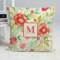 Vintage Watercolor Floral Red Green Monogram Throw Pillow