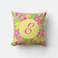 Vintage Tulip Pattern on Pink Monogram Throw Pillow