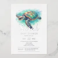 Tropical Sea Turtle Coastal Baby Shower Foil Invitation