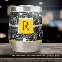 Black and White Floral Pattern: Yellow Monogrammed Thermal Wine Tumbler