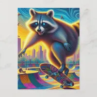 Skateboarding Surreal Adorable Raccoon Postcard