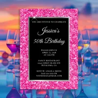 Hot Pink Glitter Black 50th Birthday Invitation