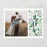 Modern JOY Holly Berries Photo  Holiday Postcard