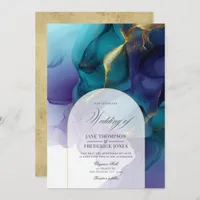 Elegant Purple, Blue, and Gold Flowing Ink Wedding Invitation