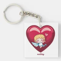 Cupid on Red Heart with Pink Arrow Head Keychain