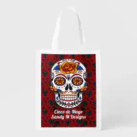 Sugar Skull Cinco de Mayo Red Floral Name Reusable Grocery Bag