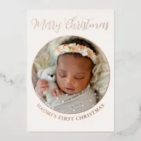 Minimalist Cute Photo Merry Baby's First Christmas Foil Holiday Card