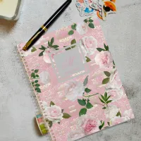 Roses Peonies On Blush Pink & Gold Damask Monogram Planner