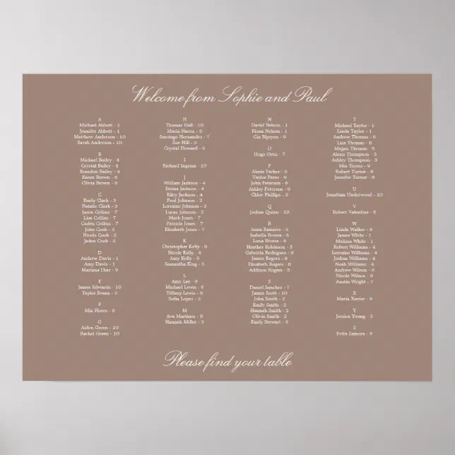 Taupe Alphabetical Seating Chart Poster