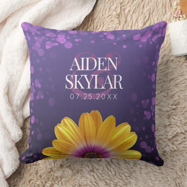 Elegant Golden Daisies with Purple Glitter Wedding Throw Pillow