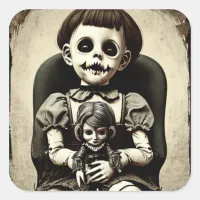 Creepy Doll Holding an Old Vintage Haunted Doll Square Sticker