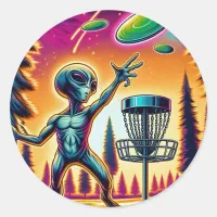 Extraterrestrial Alien Disc Golfing  Classic Round Sticker