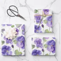 Watercolor Style Purple Pansy Type Flowers  Wrapping Paper Sheets