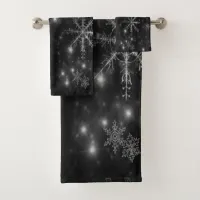 Black Sky with White and Gray Snowflakes Towel Set