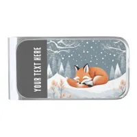 Sleeping Red Fox in Winter Snow Cute Festive Silver Finish Money Clip